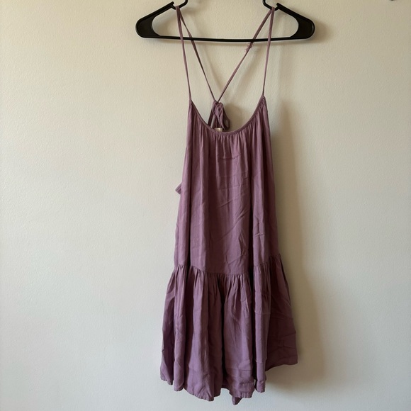Aritzia TNA Womens Open Black Flowy Tie Ruffle Tiered
Mini Dress in Lavender - Picture 13 of 14